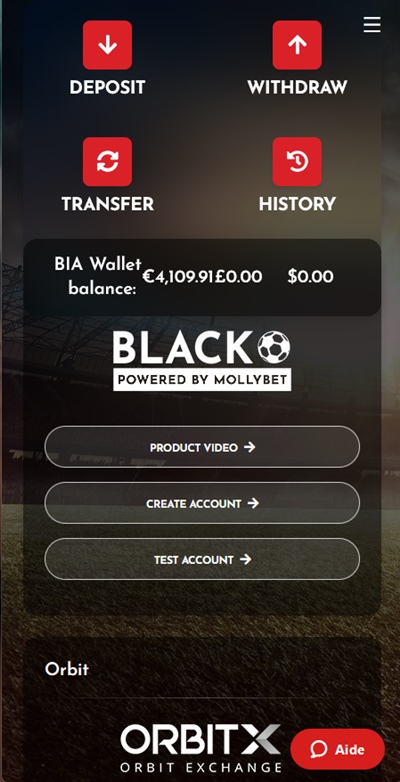 Ansicht der App mit Zugang zu BLACK und OrbitX