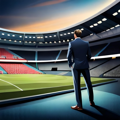 Ein Mann im Anzug vor einem Stadion, der versucht, einen zuverlässigen Wettanbieter zu erkennen